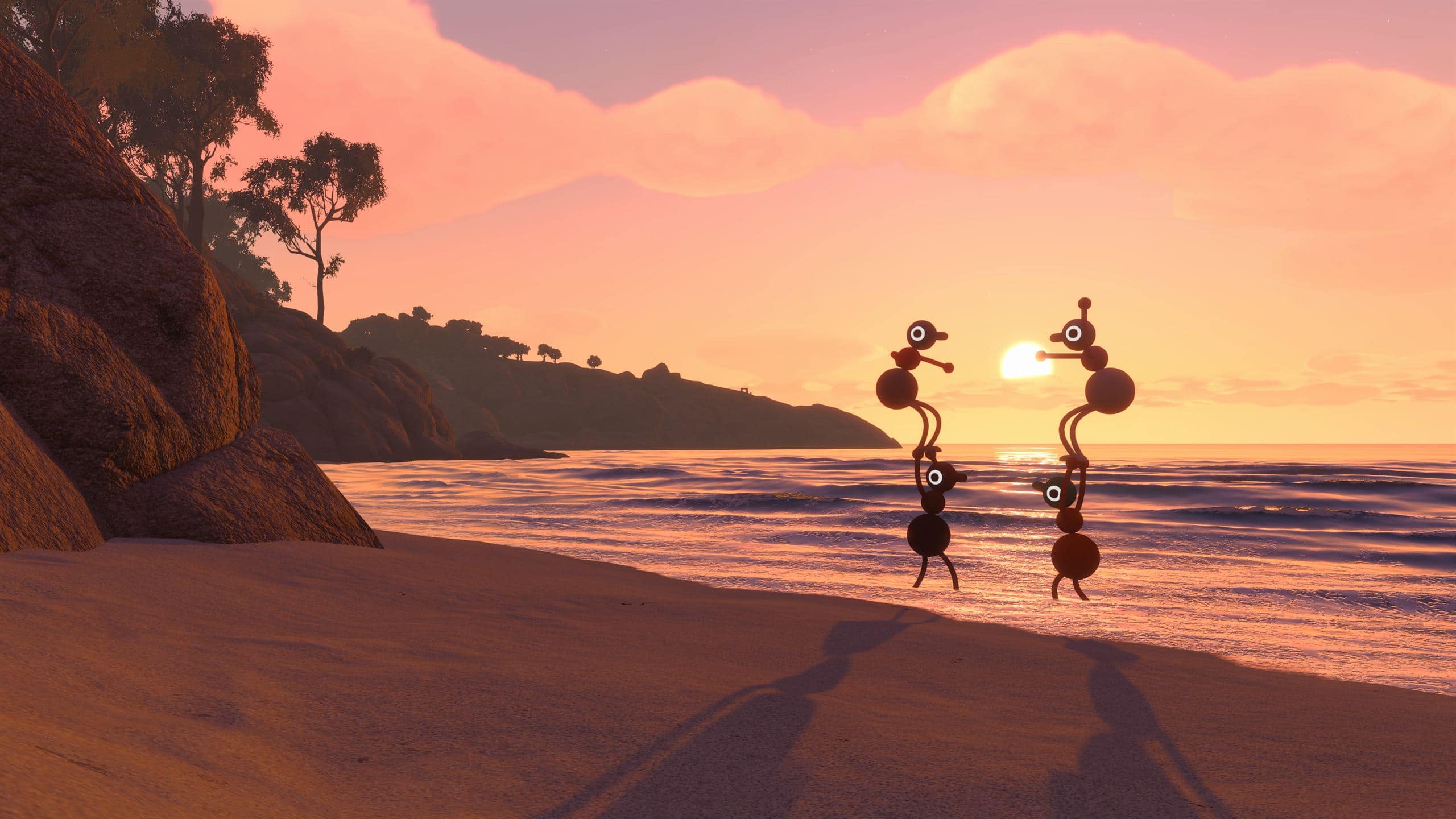 Three Big Walk players on a coastal cliff carrying tools and gear